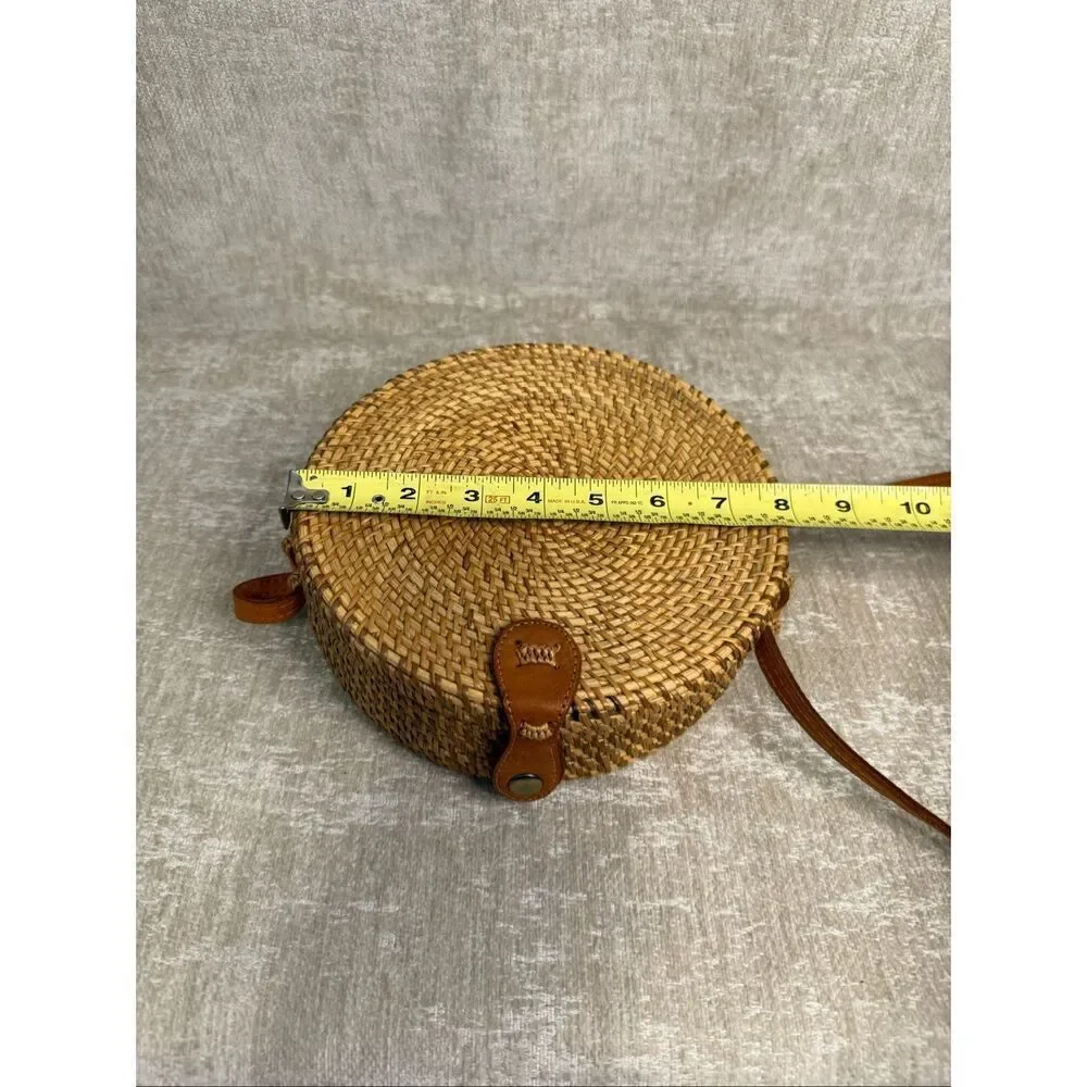 Women's Handwoven Floral Lined Round Rattan Purse Crossbody Bag Tan One Size